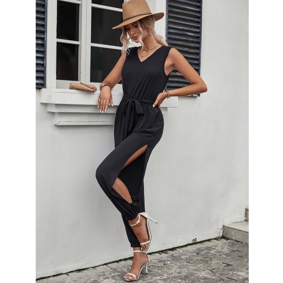 Backless Lace Detail Black Jumpsuit Tie Belted Sleeveless Long - Picture 3 of 7